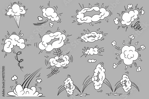 Bang and cloud explosions in comic style set isolated elements. Bundle of smoke effects frames with splashes and curve moving to express energy of motion. Vector illustration in flat cartoon design.