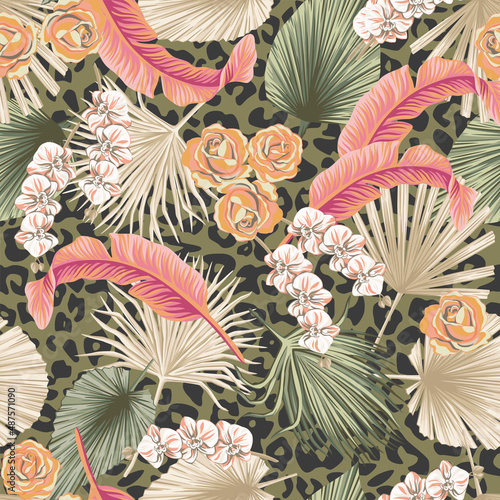 Tropical floral palm leaves, exotic flower, rose, orchid seamless pattern leopard background. Jungle wallpaper.
