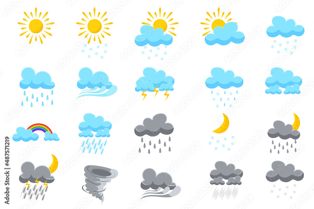 Symbols for weather forecasts set isolated elements. Bundle of clear sun, cloudy sky, snowfall, windy, thunderstorm, rain, rainbow, drizzle and others. Vector illustration in flat cartoon design. Symbols for weather forecasts set isolated elements. Bundle of clear sun, cloudy sky, snowfall, windy, thunderstorm, rain, rainbow, drizzle and others. Vector illustration in flat cartoon design.