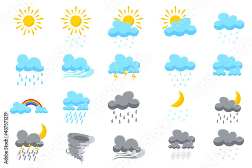 Fototapeta Naklejka Na Ścianę i Meble -  Symbols for weather forecasts set isolated elements. Bundle of clear sun, cloudy sky, snowfall, windy, thunderstorm, rain, rainbow, drizzle and others. Vector illustration in flat cartoon design.