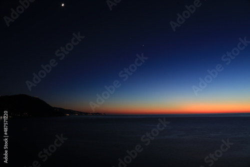 Sunset over the Mediterranean sea with clear sky. Sun over the water