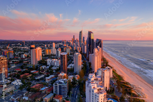Aerial sunset views looking over Surfers Paradise streets and skyline © Bostock