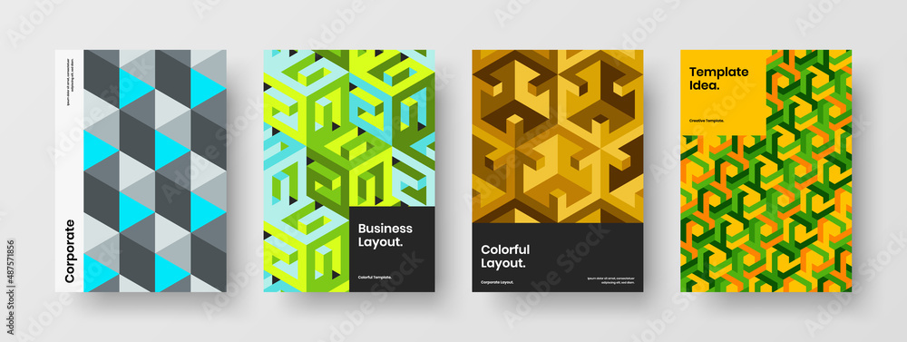 Isolated geometric tiles company cover template composition. Unique pamphlet A4 vector design illustration bundle. Isolated geometric tiles company cover template composition. Unique pamphlet A4 vector design illustration bundle.