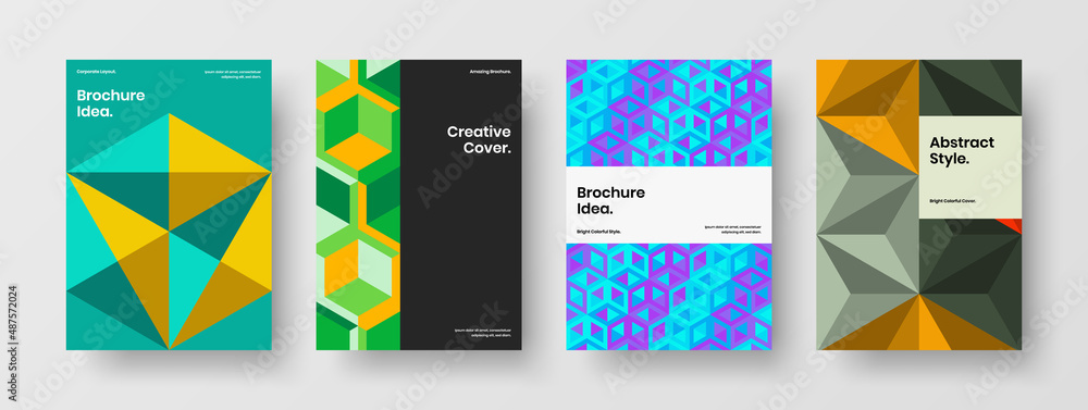 Modern mosaic pattern pamphlet layout composition. Bright corporate identity vector design template bundle.