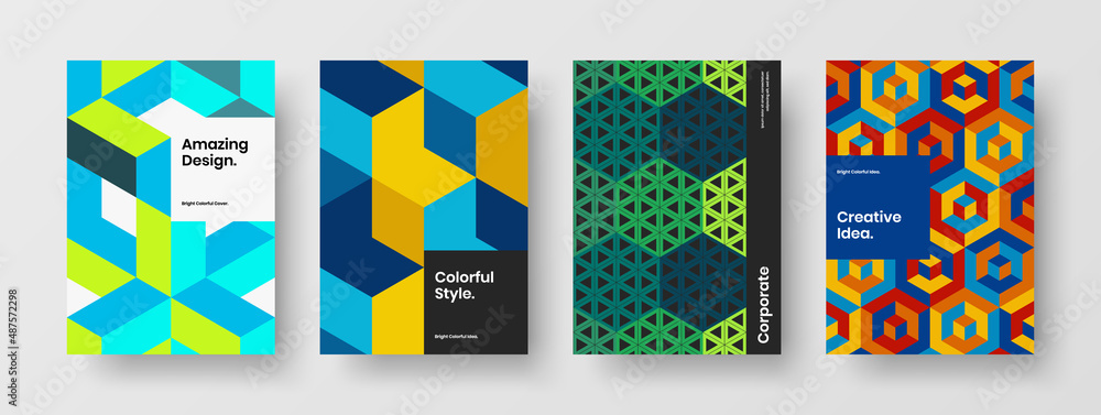 Colorful geometric shapes front page layout composition. Vivid poster A4 vector design concept bundle.