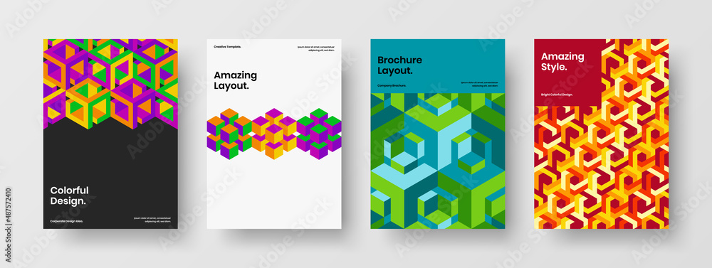 Amazing geometric pattern poster layout set. Colorful front page vector design illustration bundle.