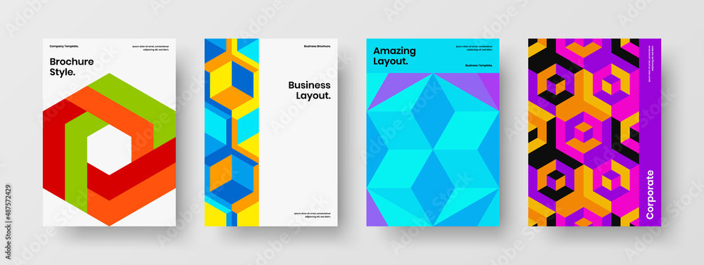 Trendy pamphlet A4 design vector illustration bundle. Minimalistic mosaic shapes journal cover concept collection.