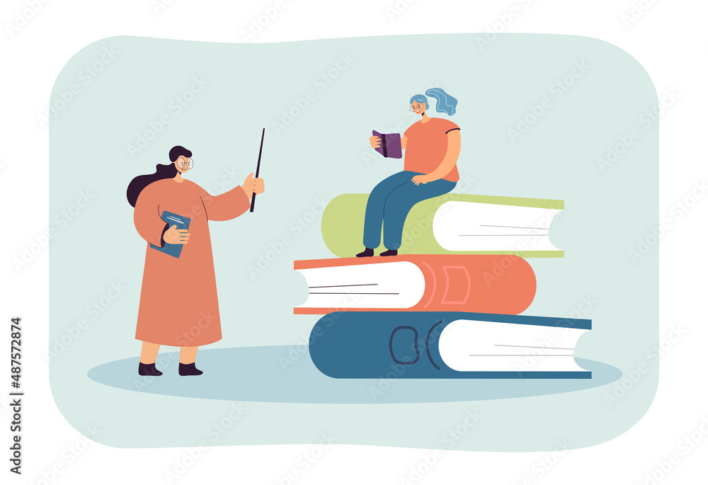 Girl reading on pile of books during class. Female teacher in eyeglasses and with pointer teaching lesson flat vector illustration. Education concept for banner, website design or landing web page