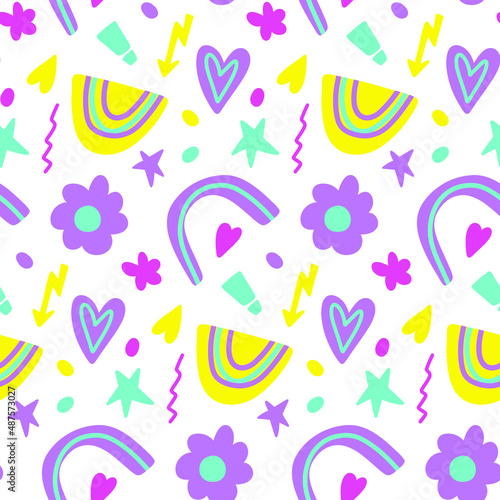 Cute doodle rainbow, flower, heart seamless pattern. Modern vector repeat print. Flat cartoon illustrations design in violet, yellow and mint green colors.