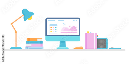 Desktop of a graphic designer. Vector illustration of a workspace with a computer and a graphics tablet for creating graphic content.