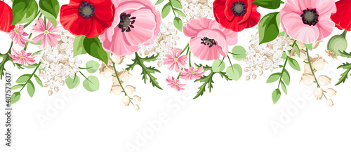 Horizontal seamless border with hanging red, pink, and white poppy, lilac, and lily of the valley flowers. Vector illustration