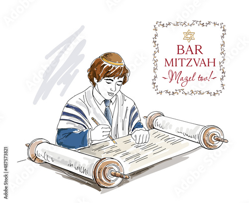 Jewish  boy reading Torah scroll on Bar Mitzvah ceremony. Hand drawing vector illustration
