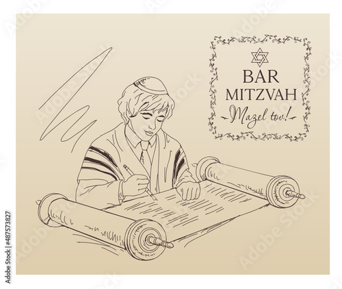 Jewish  boy reading Torah scroll on Bar Mitzvah ceremony. Hand drawing vector illustration
