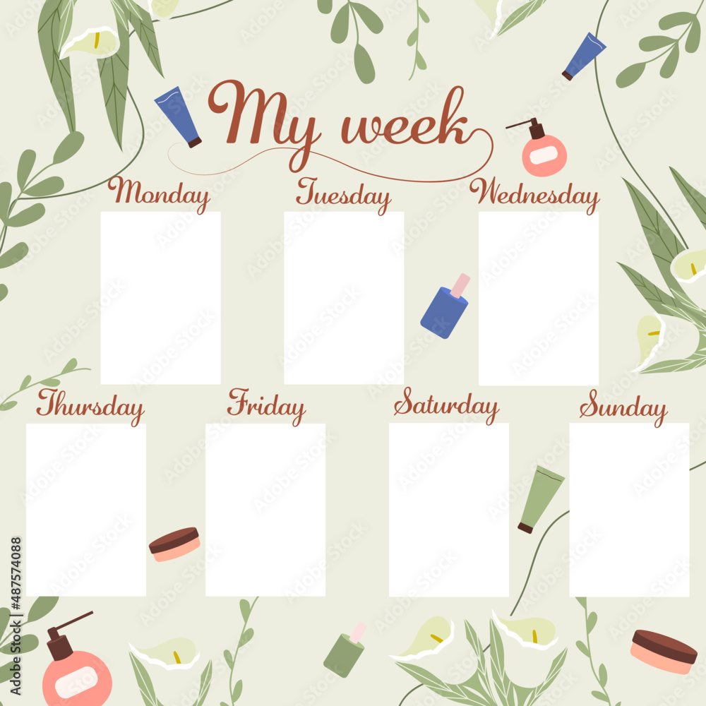 Fototapeta premium Planner for women. Place for records. Notepad with flowers and cosmetics. Vector stock illustration. Flat style. Green background. Notebook. Plants .