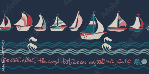 Sailboat  seashell and wave. Seamless pattern with handwritten text. Vector.