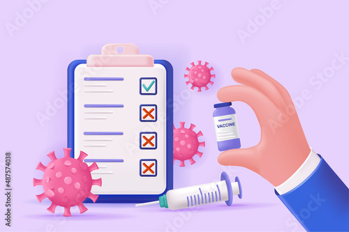 Covid-19 vaccination concept 3D illustration. Icon composition with medical questionnaire, syringe, viruses and bottle with vaccine. Immunity and health care. Vector illustration for modern web design