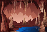 Dark cave with lake vector flat illustration. Natural stone landscape inside underground tunnel