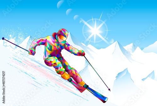 Alpine skier skiing on the slope of the mountain. A skier goes down on skis against the background of the sky, snow-capped mountain peaks and the sun. Skier on a snowy slope