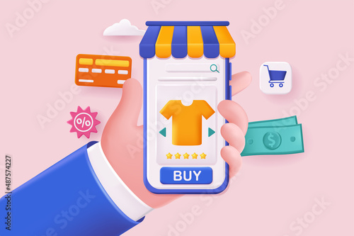 Mobile shopping concept 3D illustration. Icon composition with application interface for shopping in store, discounts, online payment and delivery service. Vector illustration for modern web design