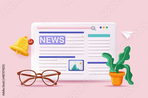 News and press concept 3D illustration. Icon composition with site interface with article titles in online media publication, reading global information. Vector illustration for modern web design