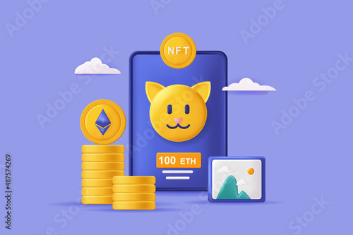 NFT non fungible token concept 3D illustration. Icon composition with crypto coins, collectibles art and gaming. Blockchain technology and cryptographic. Vector illustration for modern web design