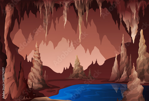 Dark cave with lake vector flat illustration. Natural stone landscape inside underground tunnel