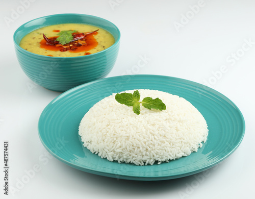 plain yellow toor daal and rice   traditional Indian food photo