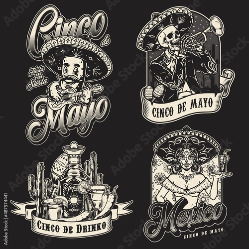 Cinco de Mayo monochrome vintage labels set