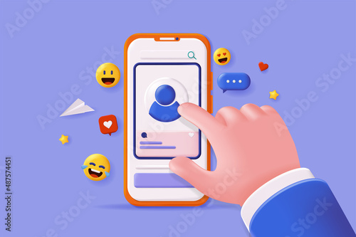 Social network concept 3D illustration. Icon composition with mobile application interface with user profile. Online communication, chatting with friends. Vector illustration for modern web design