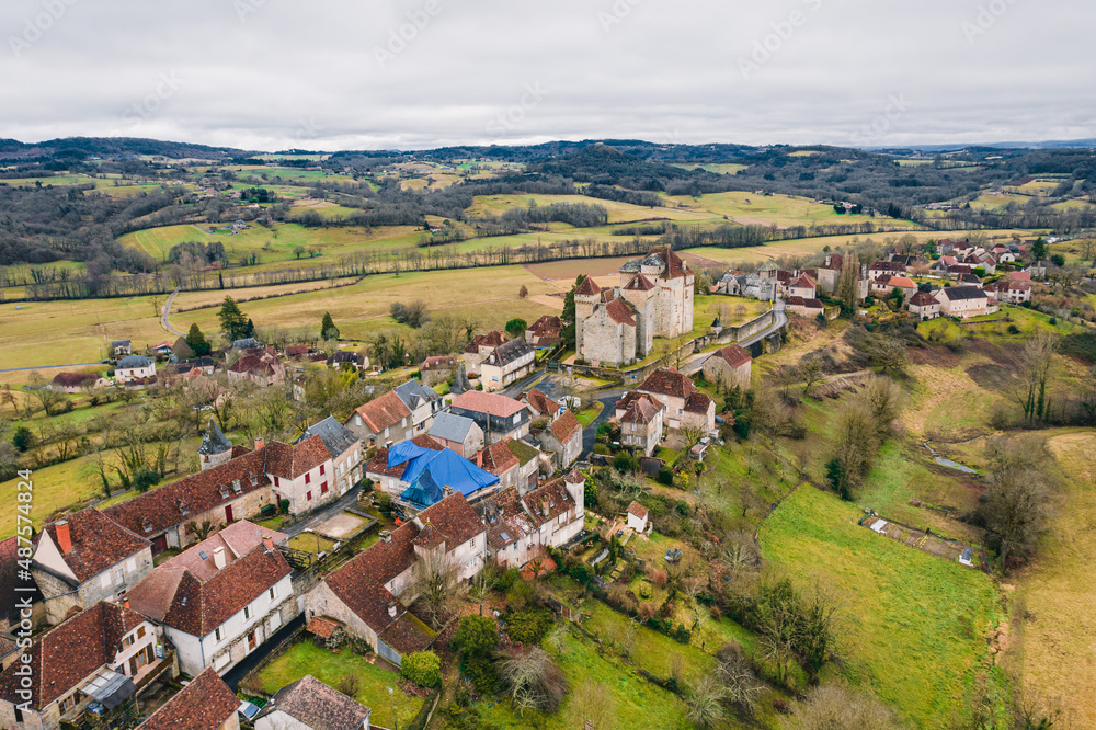 Aerial view of Curemonte in France, with old castles and the historic town buildings in the village
