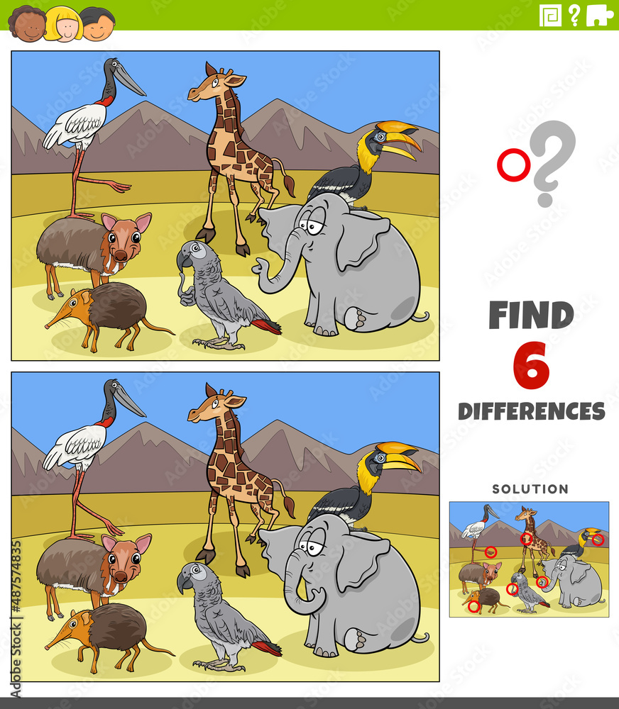 differences educational game with comic wild animals Stock Vector ...