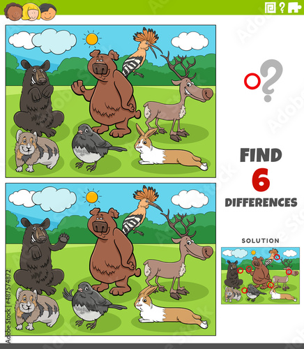 differences educational game with happy cartoon animals