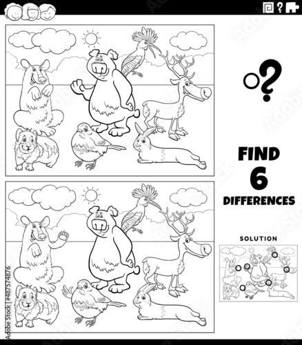 differences game with cartoon animals coloring book page