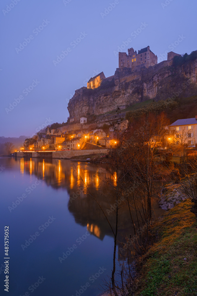 Night view of the Château de Beynac (Beynac Castle), which is a castle situated in the commune of Beynac-et-Cazenac, in the Dordogne departement of France