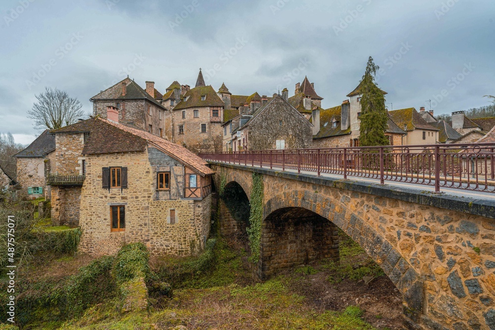 Street view of a medieval French village, Carennac at rain