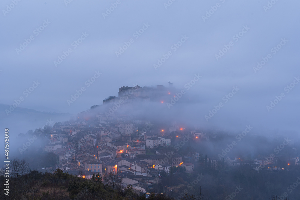 The fortified medieval town of Cordes sur Ciel in Occitanie at sunrise with 
