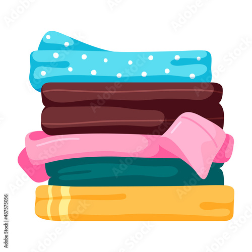 Stack of clean multicolored laundry vector flat illustration. Pile clothes neat folded after washing