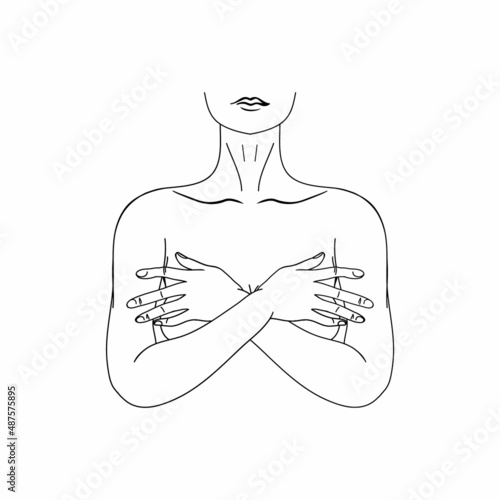 Woman continuous line drawing. The naked body of a woman with her arms crossed on her chest. Woman drawing beauty, health, breast cancer prevention. Modern graphic style
