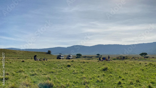 Jeep safari. Lunch tourists in the crater of the Ngorongoro National Park. Amazing landscape.