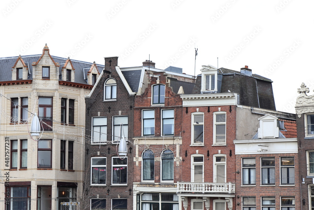 Amsterdam Damrak Street Historic Brick House Facades, Netherlands