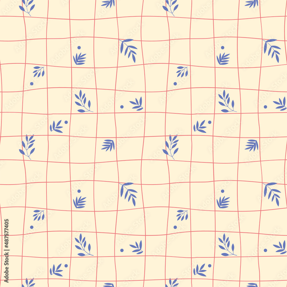 motif au rapport de fleurs et feuilles monochrome par dessus une trame ondulée formant des carreaux