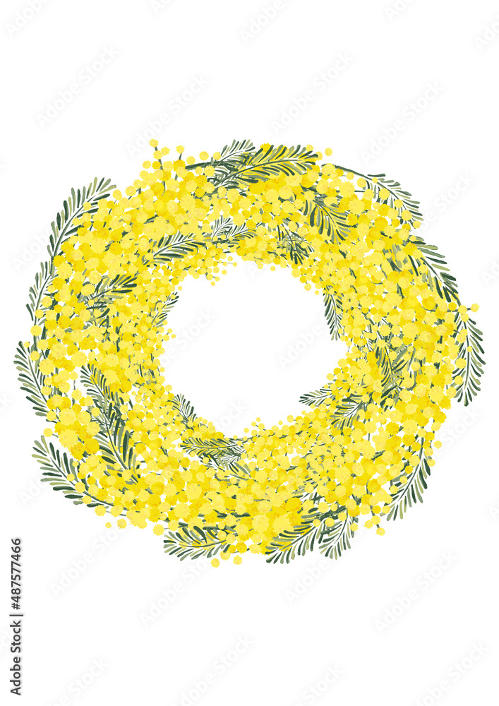 ミモザアカシアのリース 背景素材 花柄 手書きイラスト 春のイメージ レトロ 北欧デザイン Stock Illustration Adobe Stock