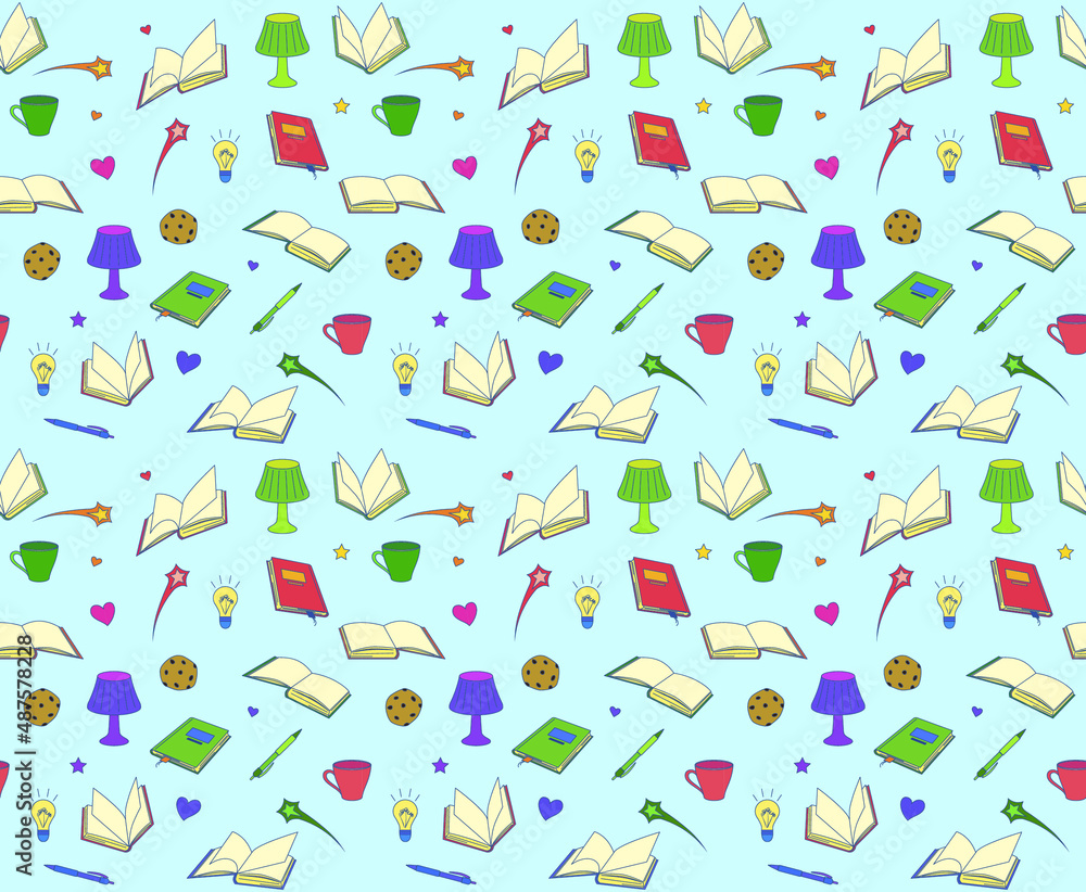 Seamless pattern with books, lamps, pens and cups, vector illustration Seamless pattern with books, lamps, pens and cups, vector illustration