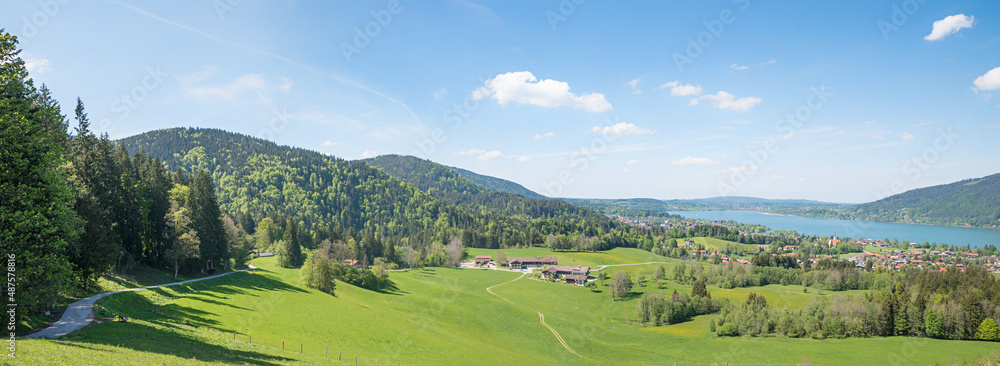 wide view from Bucherhang, lookout place above lake Tegernsee, hiking destination bavaria