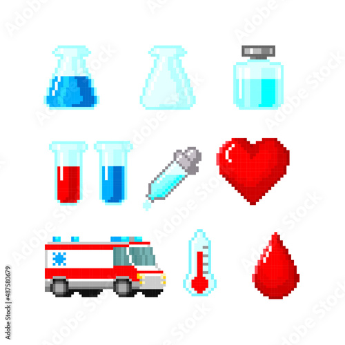 Medicine and Health icon set. Element design for logo, stickers, web, embroidery and mobile app. Isolated vector illustration. 8-bit sprite.