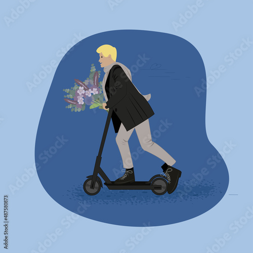 fair-haired man on a scooter with flowers