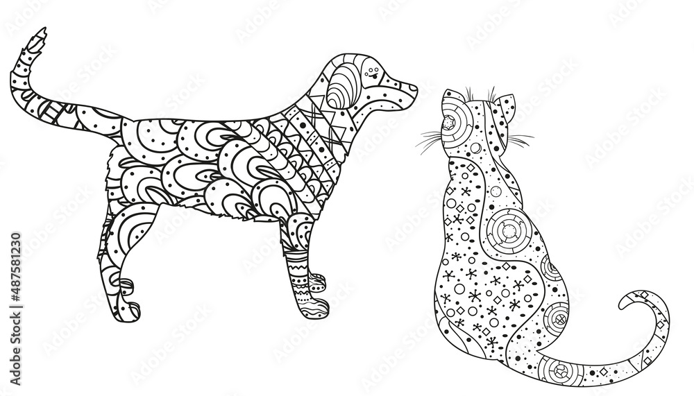 Dog and cat on white. Zentangle. Hand drawn animals with abstract patterns on isolation background. Design for spiritual relaxation for adults. Black and white illustration for coloring. Zen art