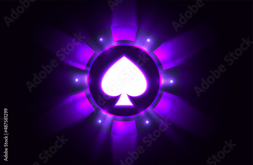 Vector luminous purple neon light casino poker chip banner. Dark night gamble background. Poker club text, blackjack or online casino banner