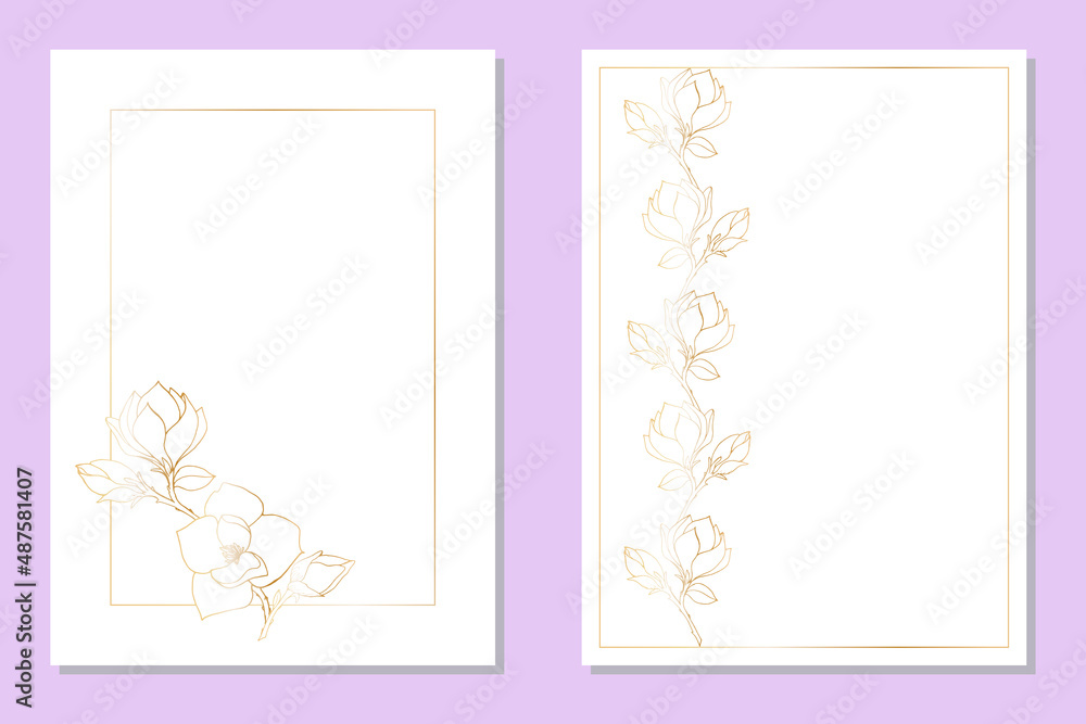 Set of templates of decorative rectangular frames with bouquets of blossoming magnolia branches for holiday design cards, congratulations, flyers, letterheads. Freehand drawing, golden gradient.
