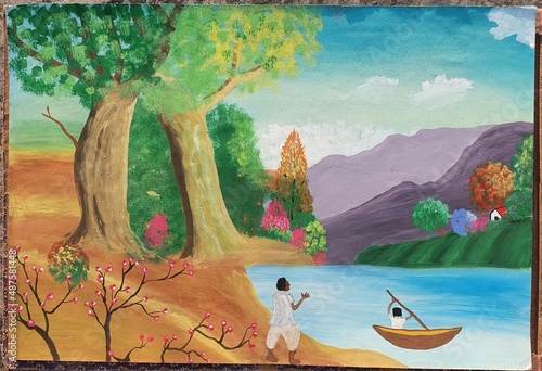 landscape with lake, water color painting, boat and people, tree  © Ravinder